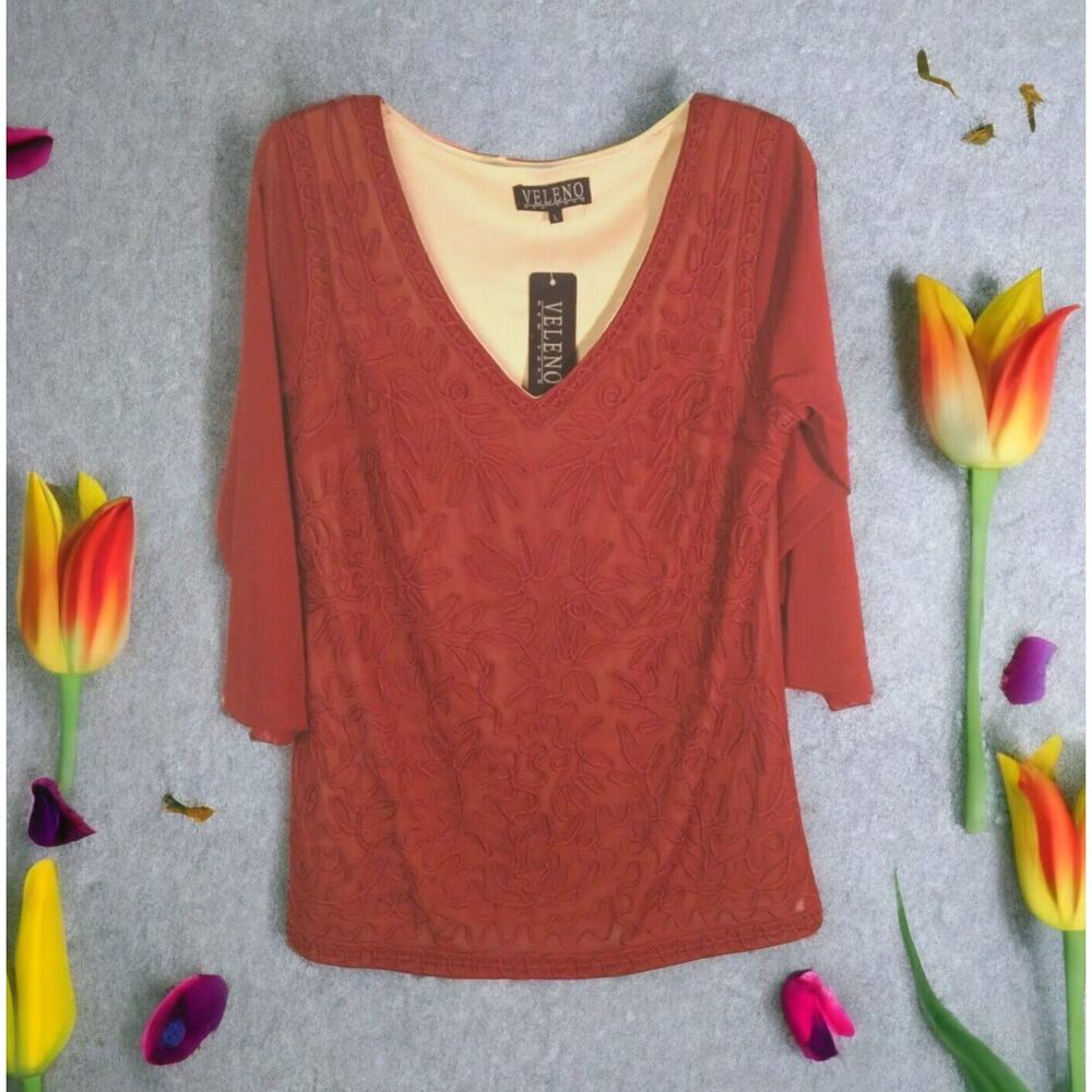 VELENO New York Burgundy Embroidered Sheer Blouse L 3/4 Sleeve Deadstock NWT